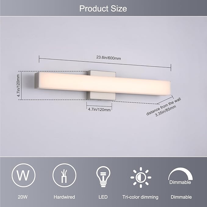 Brushed Nickel LED Vanity Light for Bathroom, 23.6-Inch Modern Fixture Over Mirror, 3 Color Temp Adjustable, 18W Energy-Saving Anti-Fog Lighting for Dressing Table, Dressing Room