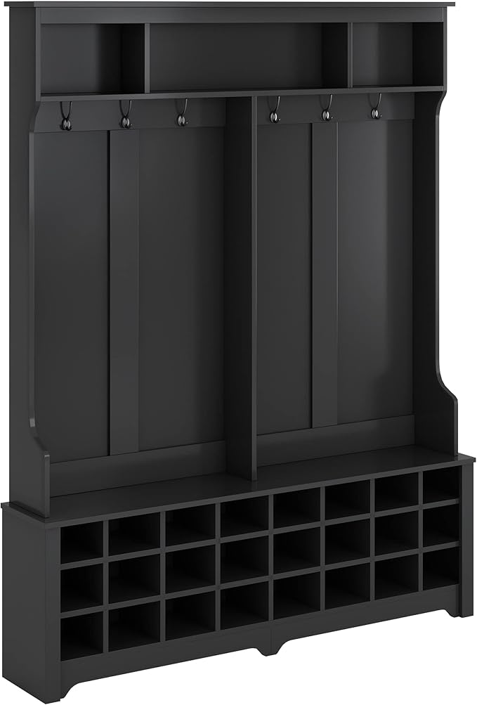 RUNNA Stylish Versatile 60" Wide Coat Rack with Metal Black Hooks and 24 Shoe Cubbies,Hall Tree with 3 Top Shelves and Bench,for Hallway Entryway Mudroom Use (Black@e)