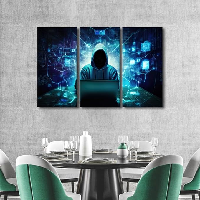 Hacker Malware Pictures for Home Wall Decor AI Big Data Wall Art on Canvas Hacker Paintings Giclee Artwork 3 Pieces Canvas Prints for Living Room Décor Stretched and Framed Ready to Hang, 42"Wx28"H
