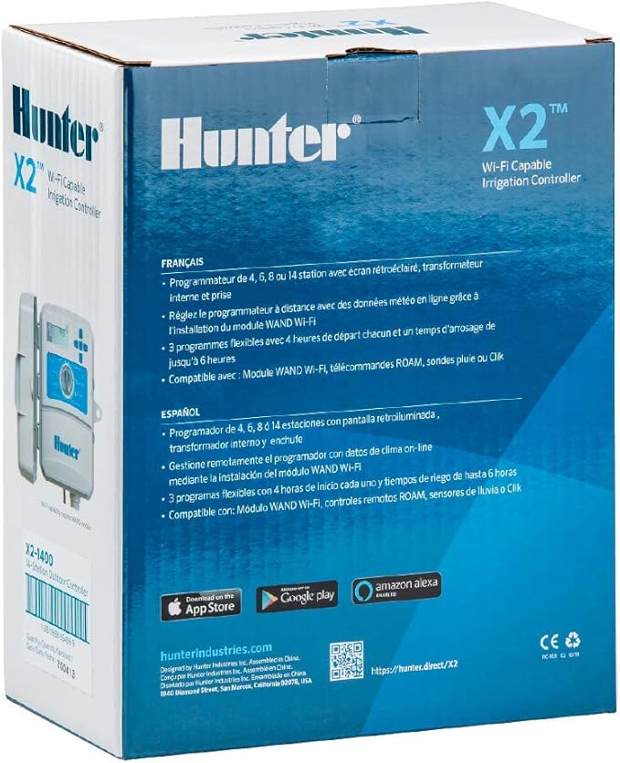 Hunter X2 4 Zone Sprinkler Controller, Outdoor Irrigation Timer for Lawn and Garden, Smart Watering with Weather-Based Scheduling and Cycle and Soak, Smart Controller Ready with Optional WiFi Module