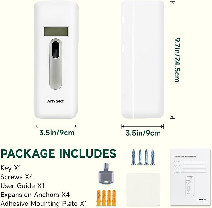 Automatic LCD Air Freshener Dispenser Wall Mount or Free Standing, Programmable Spray for Bathroom Home Office Hotel Commercial Use, Compatible with Glade Refills, White