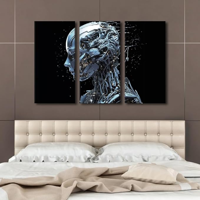 Modern Wall Art 3 Panel Concept Wall Art Female Robot Face Pictures Print On Canvas Wall Decor for Living Room, Wooden Framed Gallery-Wrapped Ready to Hang, 42" Wx28 H