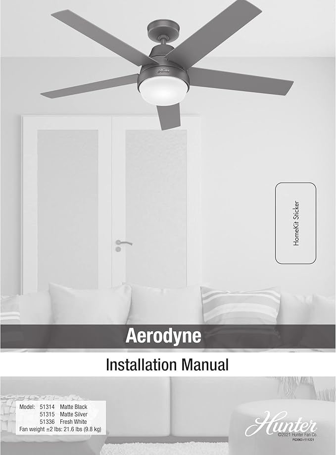 Hunter 52 inch Indoor Ceiling Fan with LED Light and Remote Control - Silver Modern Smart Ceiling Fan, Standard Mount, 5 Blades, For Bedroom, Living Room, or Kitchen - Aerodyne 51315, Matte Silver