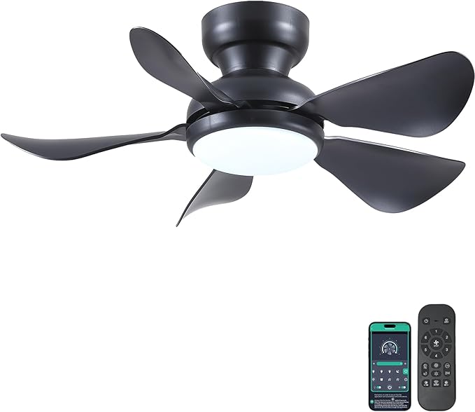32 Inch Modern Ceiling Fans with Lights, Small Flush Mount Ceiling Fan with Light and Remote/APP Control, 5 Reversible 6 Speeds Curved Blades, 3 CCT Dimmable Lights for Bedroom, Black
