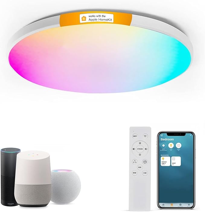 HomeKit Smart LED Ceiling Lights RGBCW Color Changing Ceiling Light Work with Apple HomeKit, Alexa Google Home Flush Mount Ceiling Lamp 24W Dimmable for Living Room, Bedroom, Home Use