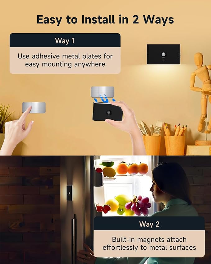 Yiliaw 6-Pack Rechargeable Motion Sensor Stair Lights Black, Dimmable Night Lights with 3 Modes & 3 Color Temperatures, Magnetic, Stick-On Stair Lights Indoor for Hallway, Stairway, Bathroom, Kitchen