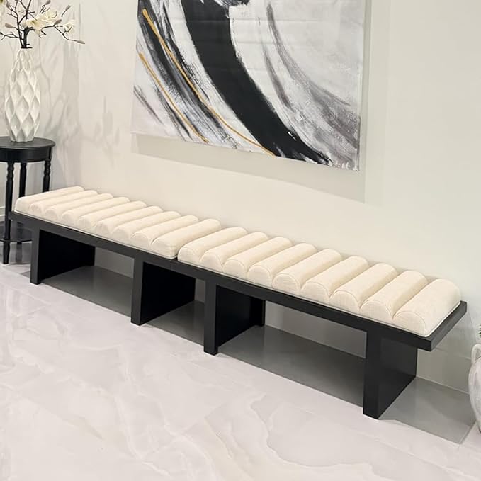 Modern Bedroom Bench, 47 Inch Upholstered End of Bed Bench Padded Entryway Bench with Cylindrical Cushion/Black Wood Legs, Wooden Ottoman Bench for Living Room, Hallway, Linen Beige