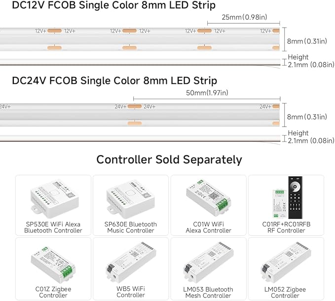 BTF-LIGHTING FCOB IP65 Waterproof Blue Color COB LED Strip 16.4FT DC12V 480LED/m 8mm Width Flexible High Density CRI 90+ Dimmable LED Light for Home Indoor Decor(No Controller or Adapter)