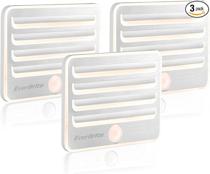 EverBrite Motion Sensor Night Lights, LED Soft Warm Light, Battery Powered Auto Stick-On Night Light for Bedroom, Bathroom, Stair, Closet, 9 AA Batteries Included(3 Pack)