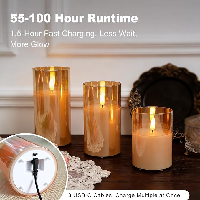 Rechargeable Flameless LED Gold Glass Candles–Luminous Real Wax Indoor Home Decor–Set of 3, Realistic Flickering LED Flame,Remote & Timer,Ideal for Living Room, Bedroom & Festival Décor