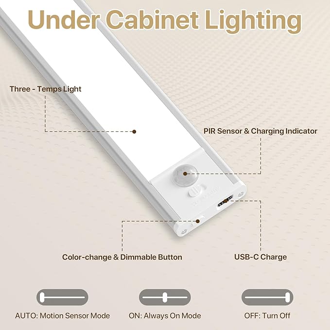 ORALUCE Under Cabinet Lighting Rechargeable Magnetic, 8inch LED Motion Sensor Light Indoor Battery Operated 3 Color Dimmable, Wireless Closet Lights for Kitchen Counter Stairs, 2 Pack