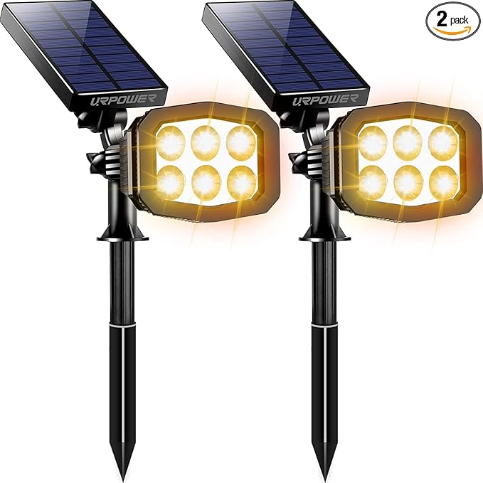 URPOWER Solar Lights Outdoor, 2-in-1 Solar Spot Lights Waterproof with 2 Lighting Modes, Adjustable Solar Powered Spotlights Auto On/Off Landscape Lights for Yard Garden Pathway, 2 Pack (Warm White)