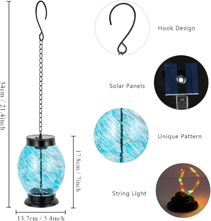 Solar Hanging Lanterns Outdoor, Waterproof Solar Glass Lights, Color Changing Led Lamp Light for Garden Yard Tree Home Xmas Decor, Blue