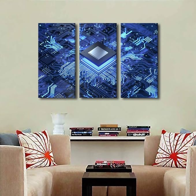 3 Pieces Smart Chip Canvas Wall Art Painting CPU Concept Wall Decor for Living Room Pictures Print on Canvas Circuit Board Framed Modern Artwork for Home Bedroom Decorations Ready to Hang(24" Wx36 H)