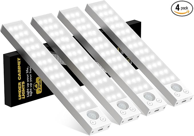 Under Cabinet Lighting 4 Pack,Under Cabinet Lights Wireless,Motion Sensor Light Indoor Rechargeable Battery Operated,Dimmable Under Counter Lights for Kitchen,Drawers,Wardrobe,Stair Bedroom