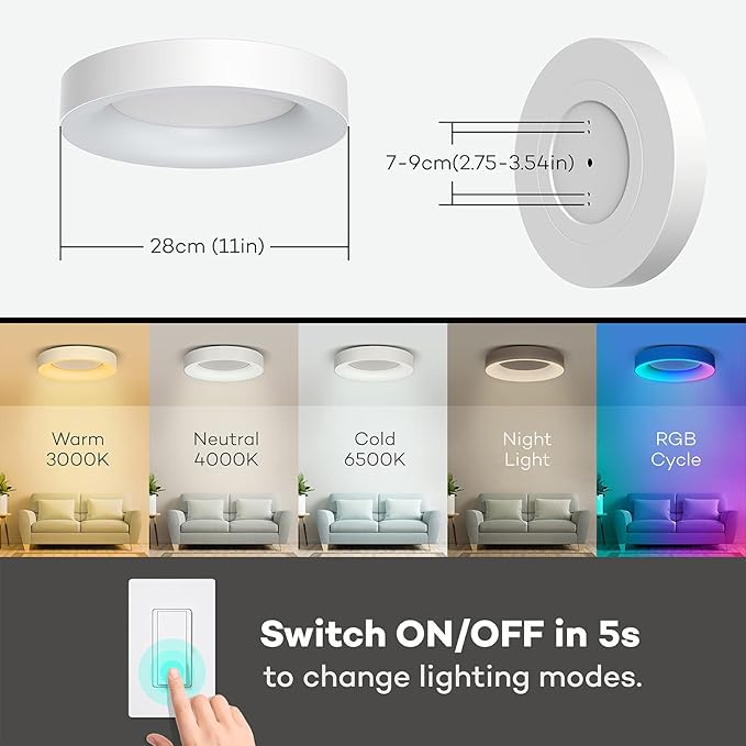 RGB Flush Mount Ceiling Light with Remote Control, 2400LM Dimmable Ceiling Light Fixture, 3000K-6500K Modern Low Profile Ceiling Lights for Bedroom Kids Room, 11in White