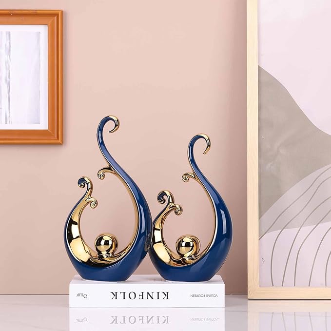 DOVDOV Ceramic Abstract Statues 2 Piece Set, Modern Art Deco, Blue and Gold Home Decor, Office Decor, Shelf Decor, Floor Mantle Decor, Coffee Table Decor Aesthetics.