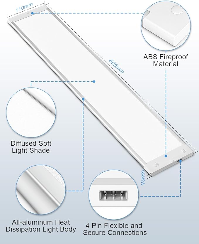 MYPLUS 24" Under Cabinet Lights Panel, Super Bright Under Counter Lighting with 182 LEDs,Warm White,Cool White and Daylight, ETL Listed, Ideal for Kitchen, Cupboard, Workbench, Desk