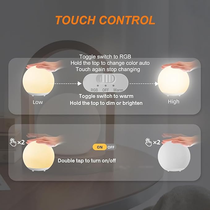 Night Light for Kids, USB Rechargeable LED Night Lights Table Lamp with Dimmable,Warm Light,7 Colors,Touch Control, 0.5/1hour Timer for Nursery, Baby,Bedroom and Outdoor Camping
