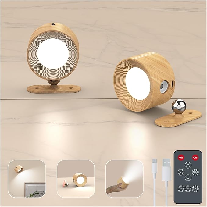 2PACK LED Wall Sconce - Rechargeable Cordless Wall Light, 3 Colors & 3 Brightness Levels, 360° Magnetic Rotating Head, Bedside Reading Lamp, Easy Install Battery Operated Lamp Wood