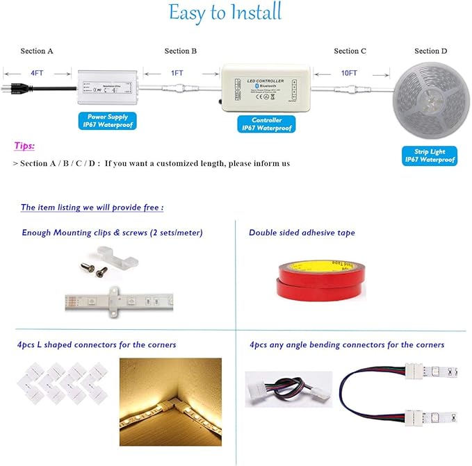 15FT 60LEDs/M 12V 5050 IP67 Waterproof RGB LED Flexible Strip Light w/Bluetooth Remote & Controller(Waterproof) and Power Supply(Waterproof)