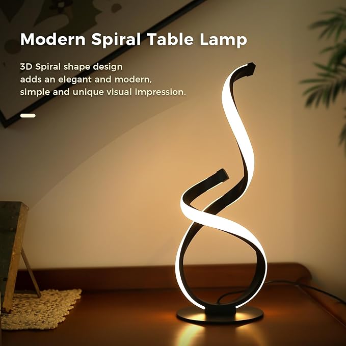 Modern Touch Lamp for Nightstand, Spiral LED Table Lamp, Dimmable 3 Color Temperature Night Stand Desk Lamp, Unique Bedside Light for Living Room, Bedroom, Cool Lamps for Ideal Gift, Black