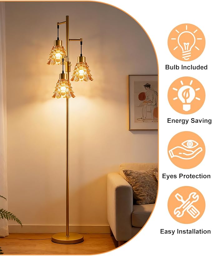Glass Floor Lamps for Living Room, 67'' 3-Light Dimmable Floor Lamp with Brown Glass Shade& E12 Bulbs Included, Mid Century Standing Tall Lamp for Bedroom/Sofa Beside/Corner Decor-Gold