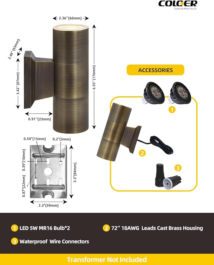 COLOER Brass Outdoor Cylinder Wall Lights(Bronze 6.875" H x 4.25" W) 4 Pack with LED MR16, 12V Low Voltage Porch Light in 2 Lights, 2700K Up Down Lights, Outside Light for House Porch Patio Door