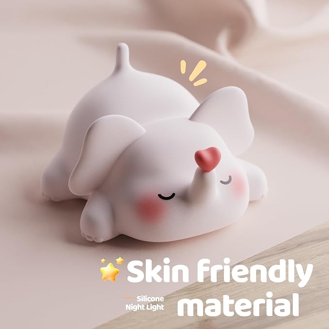 Little Loving Elephant Cute Night Light, 3-Level Dimmable Soft Light, Timed, Rechargeable, Silicone Bedside Touch Lamp, Creates a Cozy Ambiance, Ideal Decoration and Gift for Girls, Women, and Kids