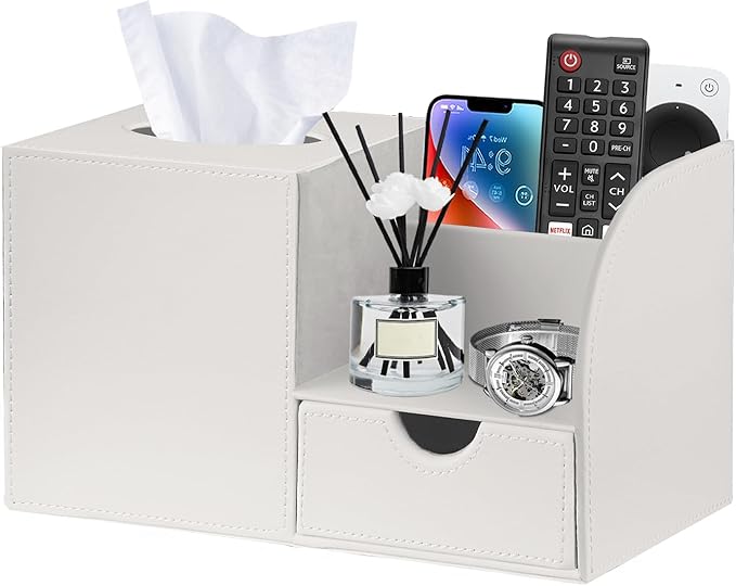 PUSU Square Tissue Box Cover with Storage Drawer, PU Leather Facial Tissues Cube Boxes Holder, Modern Makeup Remote Control Holder, Nightstand Organizer Caddy for Bathroom Vanity, Office, Home Decor