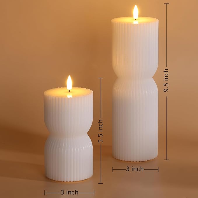 White Ribbed Flameless Pillar Candles with Remote, Real Wax Flickering Battery LED Candles Set of 2