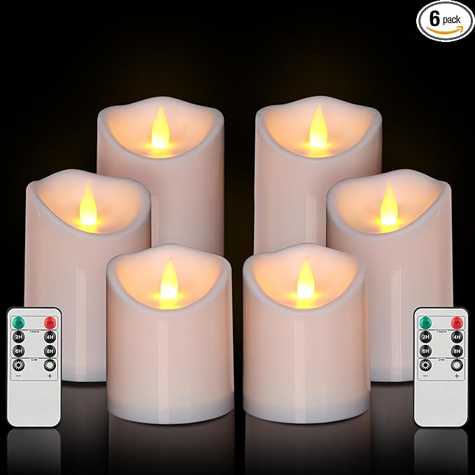 Pure White Flameless Candles, Patented 3D Dual-LED, Set of 6 Slanted Resin Pillars with 2 Remotes, Waterproof Non-Melting Battery Operated Decor for Patio Lanterns, White