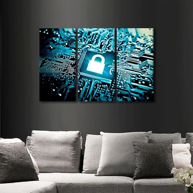 TUMOVO Security Lock Symbol Wall Pictures for Living Room Wall Decoration AI Intelligence Wall Art Large Wall Decor AI Canvas Wall Art 3 Pieces Artwork Wall Decor Framed Ready to Hang, 36" Wx24 H
