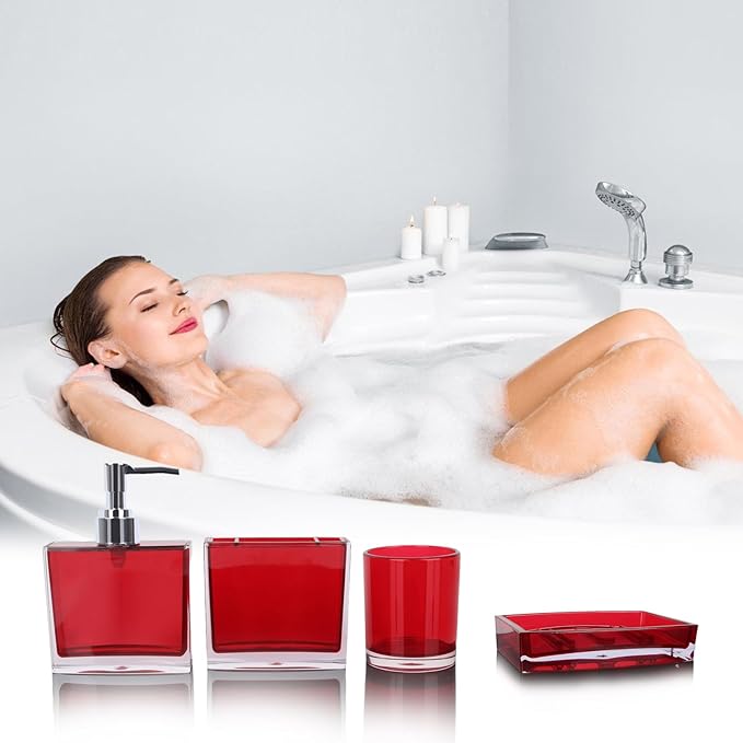 4-Piece Bold Red Acrylic Bathroom Accessories Set — Soap Dispenser, Toothbrush Holder, Soap Dish & Mouthwash Cup, Vanity Countertop Organizer for Red Bathroom Decor