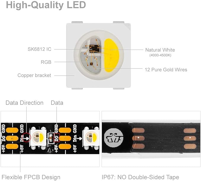 BTF-LIGHTING RGBW RGB+Natural White SK6812 (Similar WS2812B) 4 Colors in 1 LED Strip Individually Addressable 16.4ft 60Pixel/m 300LED Light Dream Color IP67 DC5V Black PCB (No Adapter or Controller)