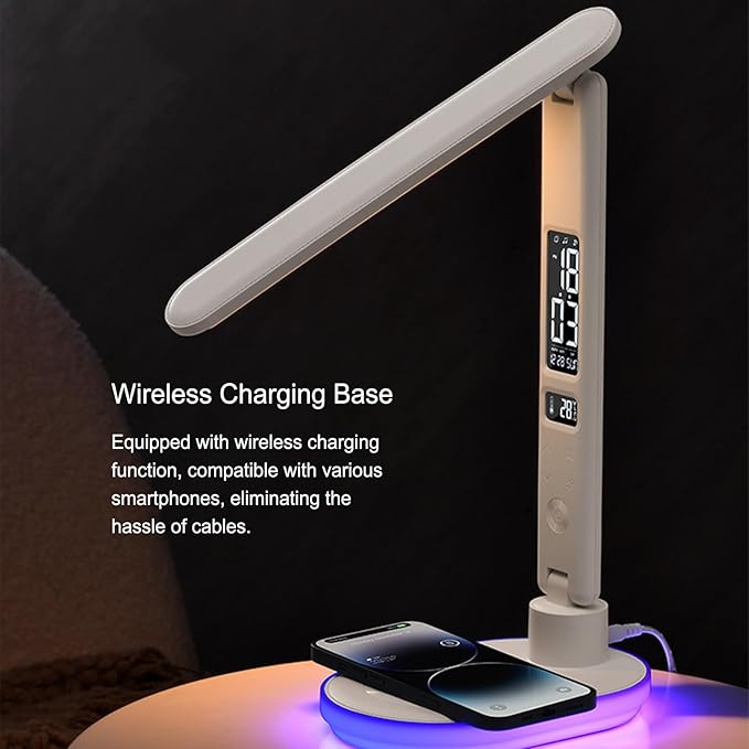 Multi Functional Table Lamp,Multifunctional Foldable Desk Lamp with Wireless Charging, Perpetual Calendar Display, Adjustable Angle, Night Light, and RGB Lighting,U20 White.