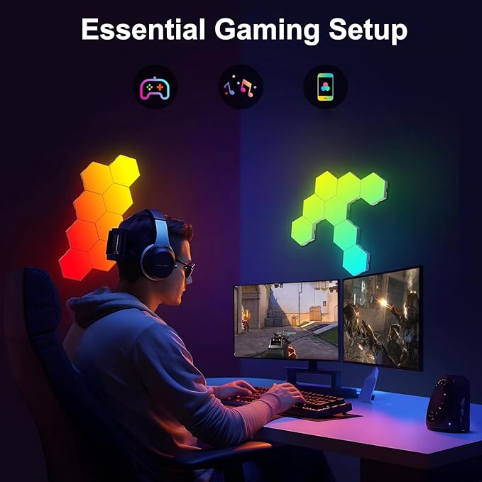 Amailtom Hexagon Light Panels Expansion 4 LED Panels, Hexagon LED Wall Lights Dreamcolor Effects, Smart Gaming Lights Music Sync for Gaming Room Setup (No Controller/Remote)