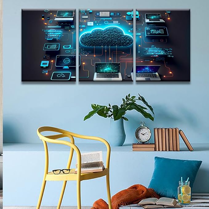 Framed Canvas Wall Art 3 Panels Cloud Technology Computing Smart Home Communication Laptop Pictures Print On Canvas for Bedroom Living Room Wall Decoration Ready to Hang 12x16inchx3