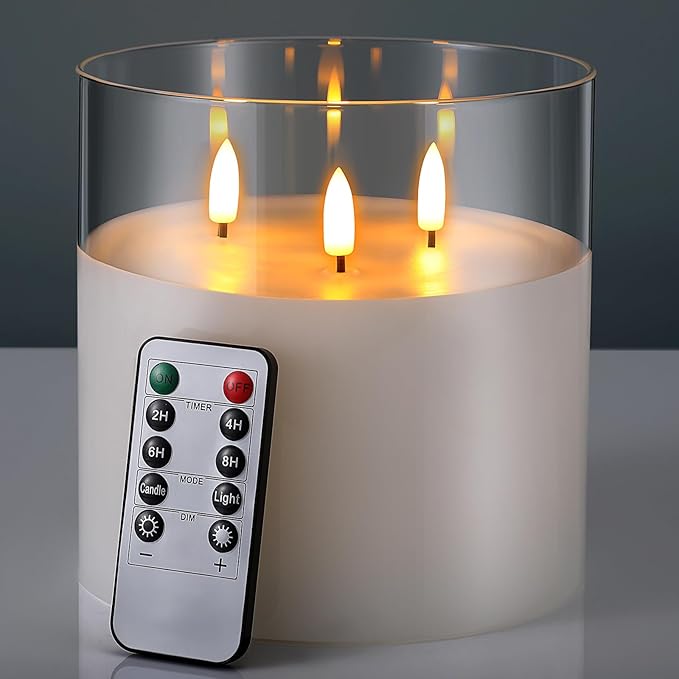 Retisee 6'' x 6'' Extra Large Flameless Candles, 3 Wick Glass Large Candles with Remote Control and Timer Function, Real Wax LED Pillar Flickering for St. Patrick's Spring Party Decor(Clear,1 Pcs)