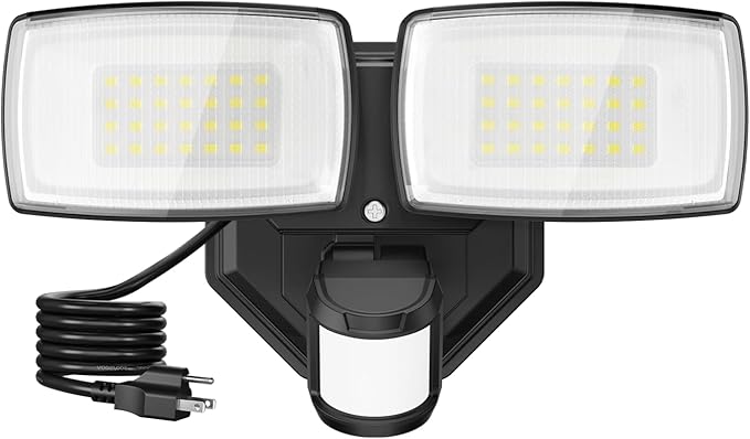 Onforu 32W Plug in Motion Sensor Lights Outdoor, 3200LM Motion Flood Light Dusk to Dawn, IP65 Waterproof Led Security Light Outside, 2 Heads Motion Activated Wall Light for Garage, Porch, Yard - Black