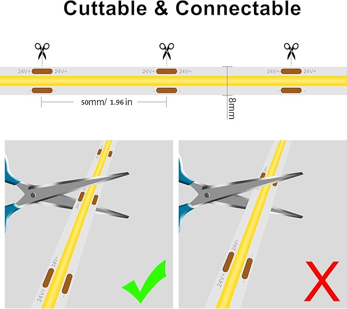 COB LED Strip, Warm White LED Strip Lights 16.4ft, 3000K COB LED Light Dimmable LED Strip, CRI92+, 8mm Width, 24V Flexible COB LED Tape Light for TV, Bedroom, Kitchen Cabinet, Closet, Home.