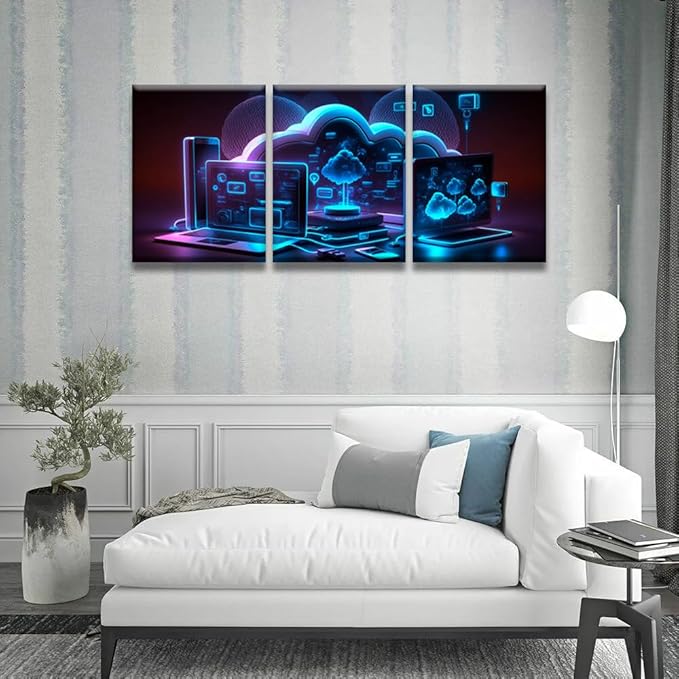 Canvas Art Wall Decor for Bedroom Cloud Storage Communication with Computer Art Prints Canvas Art Wall Painting Artwork for Walls Canvas Wall Decor Bedroom Wall Decor Framed Ready to Hang 12x16inchx3
