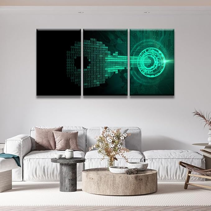 LSIUHWUWI Wall Art for Living Room 3 Panel Key Made from Binary Code Fits Iinto A Lock Pictures Print on Canvas for Home Office Decorations, Framed Ready to Hang, 48" Wx24