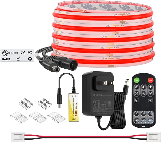 BTF-LIGHTING COB LED Strip Light 12V 16.4FT UL Listed, Red Color Dimmable High Density Flexible Tape Light with RF Remote & ETL Power Adapter, Ultra Bright for Bedroom Kitchen Home Indoor Lighting