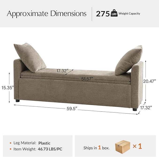 59.5" Modern Storage Ottoman Bedroom Bench, End of Bed Bench with Arms and Throw Pillows, Footrest Stool for Living Room, Dining Room, Entryway and Hallway, Brown