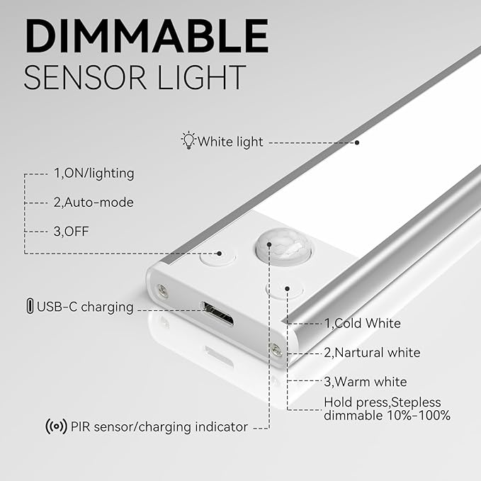 Under Cabinet Lighting, 3 Color Magnetic Motion Activated Under Cabinet Lights, Rechargeable Closet Lights 2500mAh Battery Operated, Wireless Dimmable Under Counter Lights for Kitchen,Hallway 4 Pack