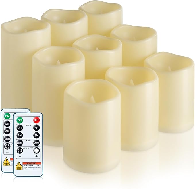 5plots 3" X 4"5" 6" Outdoor Waterproof Candles, Battery Operated Led Ivory White Flameless Candles with 10-Key Remote & Timer for Indoor Home Lantern Holiday Decor, Set of 9