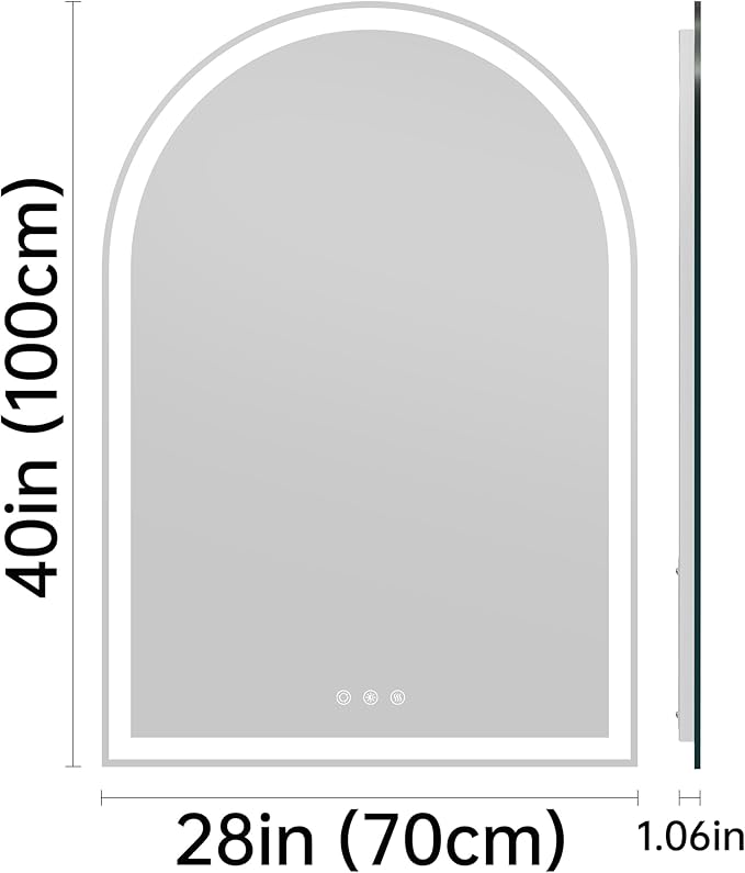 Arched Bathroom Mirror with Lights 28"x40"- Frameless LED Mirror for Bathroom, Fogless, Dimmable, 3 Color Changing, Shatterproof, Touch Sensor