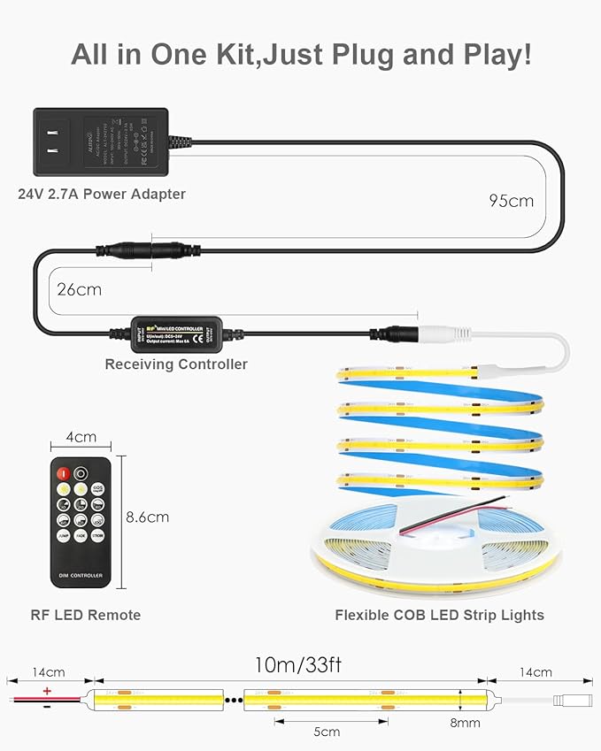 ALITOVE 32.8ft COB Led Strip Light White 6500K Super Bright 24V LED Rope Lights with Remote Dimmable 3200LEDs CRI90+ Uniform Glow LED Tape Light for Mirror Under Cabinet Living Room Study Wardrobe