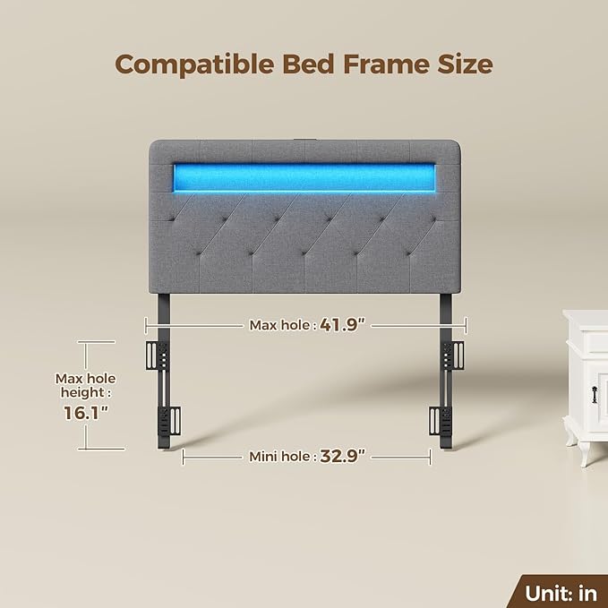 GREENSTELL Headboard for Twin Size Bed with 60,000 DIY Color of LED Light, USB & Type C Post, Upholstered, Height Adjustable, Sturdy, Easy Assembly, Wall Mounted Head Boards Only, Gray